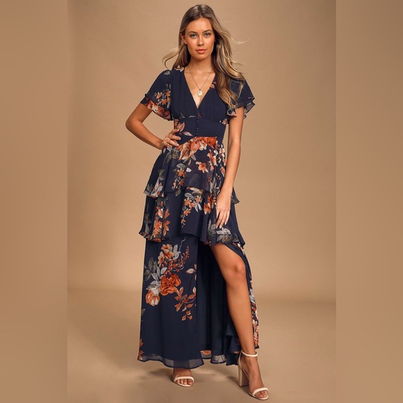 Lulus Midnight Mood Tiered Maxi Dress Large Navy Floral Fall Wedding Guest Party - Picture 1 of 12